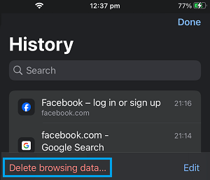 Delete Chrome Browsing Data Option on iPhone