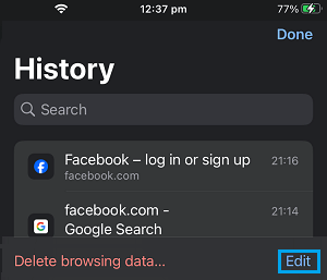 Edit Browsing Data Option in Chrome App on iPhone