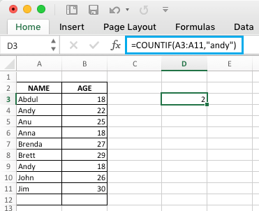 Excel COUNTIF Function to Count People With Same Name