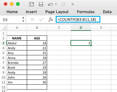 Excel COUNTIF Function to Count Values Equal to a Number