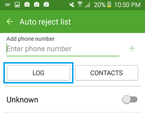 Log Option Call Rejection List on Android Phone