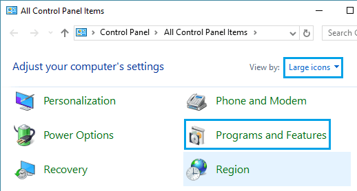 Programs and Features Option in Windows 10