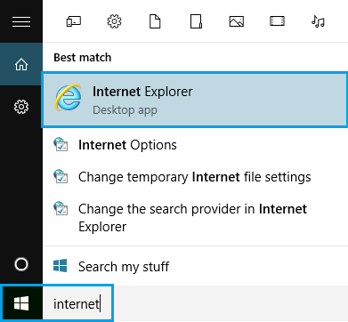 Search For Internet Explorer in Windows 10 Search Bar