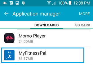 Select App on Android Applications Manager Screen
