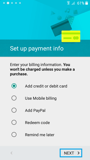 Set up Payment Info Samsung Phone