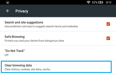 Clear Browsing Data Option on Kindle Fire