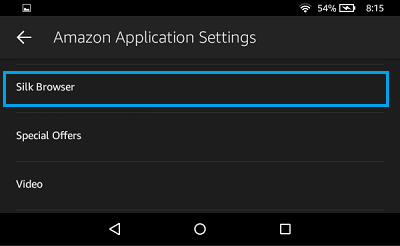 Silk Browser Settings Option on Kindle Fire