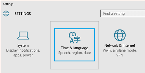 Time and Language Settings Option in Windows 10