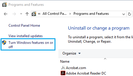 Turn Windows Features ON or OFF Link