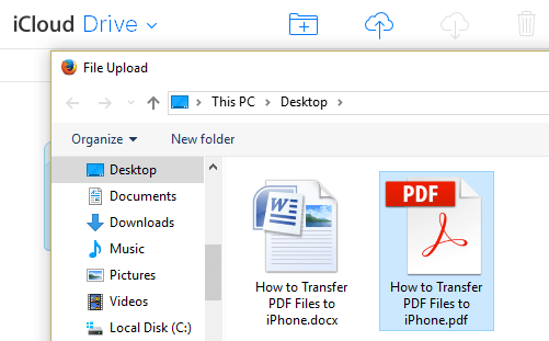 Choose PDF File On Computer For Upload to iCloud Drive