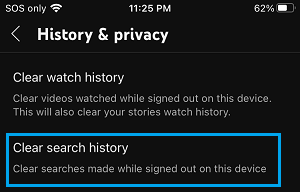 Clear Search History Option in YouTube on iPhone