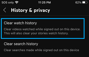 Clear Watch History Option in YouTube on iPhone