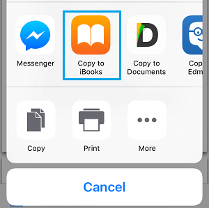 Copy to iBooks icon on iPhone Sharing Menu