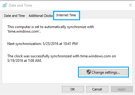 Internet Time Tab on Date and Time Window