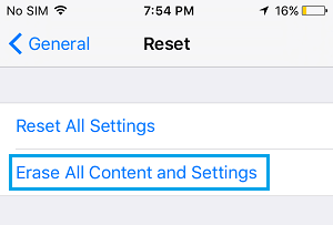 Erase All Content & Settings Option on iPhone