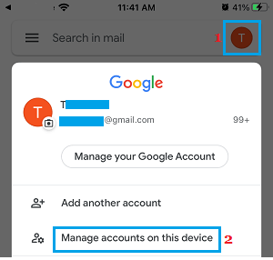 Manage Accounts on This Device Option in Gmail iPhone