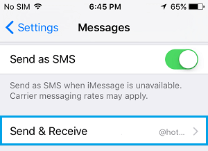 Send and Receive Messages Option on iPhone