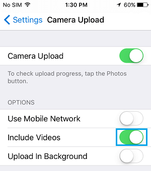 OneDrive Camera Upload Settings on iPhone