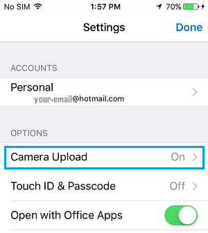 OneDrive Camera Upload Tab On iPhone