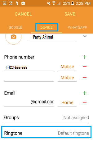 Ringtone Settings on Contact Screen Android Phone