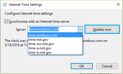 Internet Time Settings Screen on Windows Computer