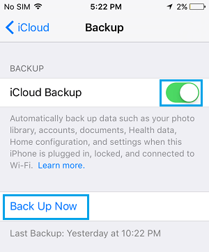 Backup Now Option ob iCloud Backup Screen on iPhone