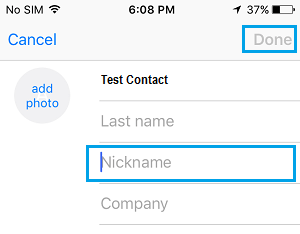 Type Nickname on iPhone Contacts App
