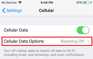 Cellular Data options Tab on iPhone