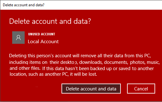 Delete Account and Data Popup in Windows 10