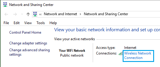 Active Wireless Network Connection on Network and Sharing Center in Windows 10