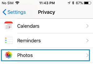 Privacy Settings Option for Photos on iPhone