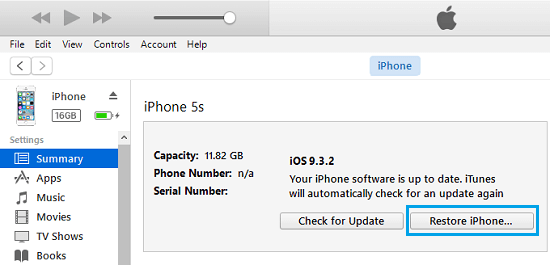 Restore iPhone to Factory Default Settings via iTunes