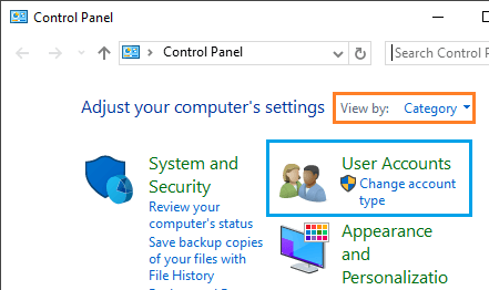 User Accounts Tab on Windows 10 Control Panel