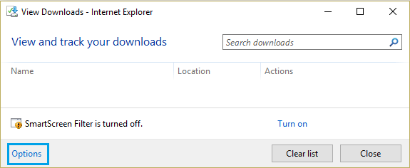 Options Link On Internet Explorer View Downloads Window