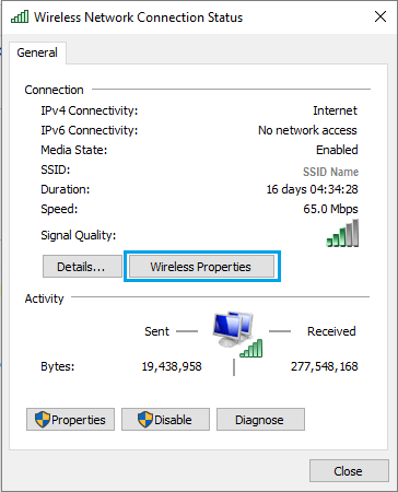 Wireless Network Connection Status Screen in Windows 10