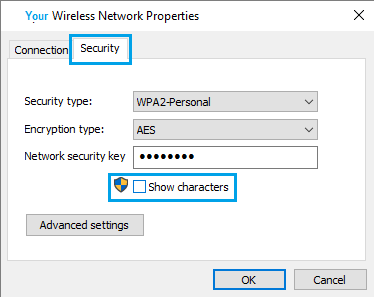 Wireless Network Properties Screen in Windows 10