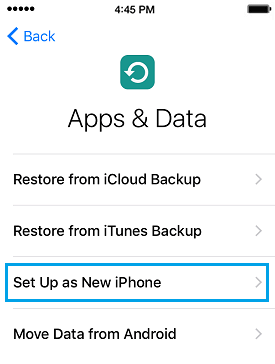 Set Up As New iPhone Option on Apps and Data Screen