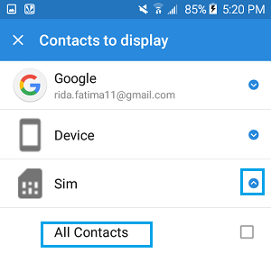 Blue Arrow and All Contacts Option in Simpler Merger App on Android