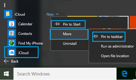 Pin iCloud to Start Taskbar