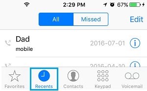 Recent Calls Tab On iPhone