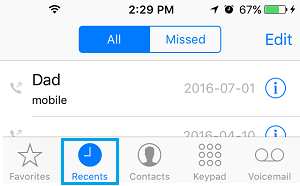Recents Option on iPhone Phone App