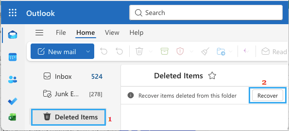 Recover Option in Outlook Deleted Items Folder