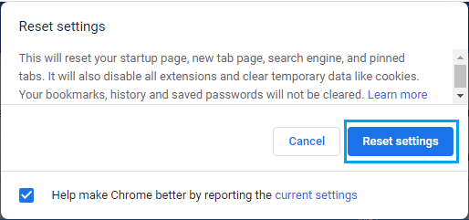 Reset Chrome Settings Pop-Up