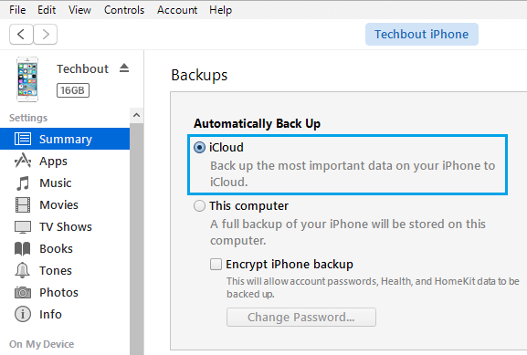 Select ICloud Backup Option On iTunes