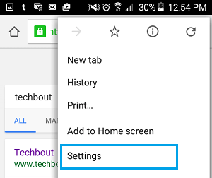 Settings Option in Chrome Browser on Android Phone