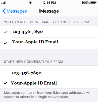 iMessage Send And Receive Settings screen