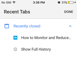 List of Recently Closed Tabs in Chrome on iPhone