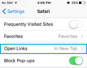 Open Links Option in Safari Settings on iPhone