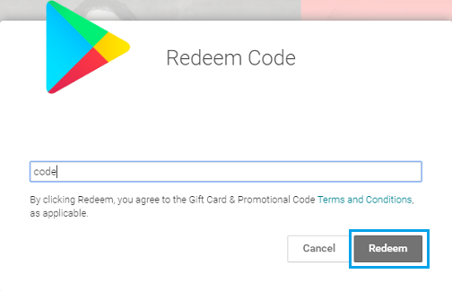 Redeem Button on Google Play on PC