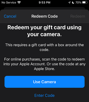 Use Camera to Redeem Gift Card or Code option on App Store